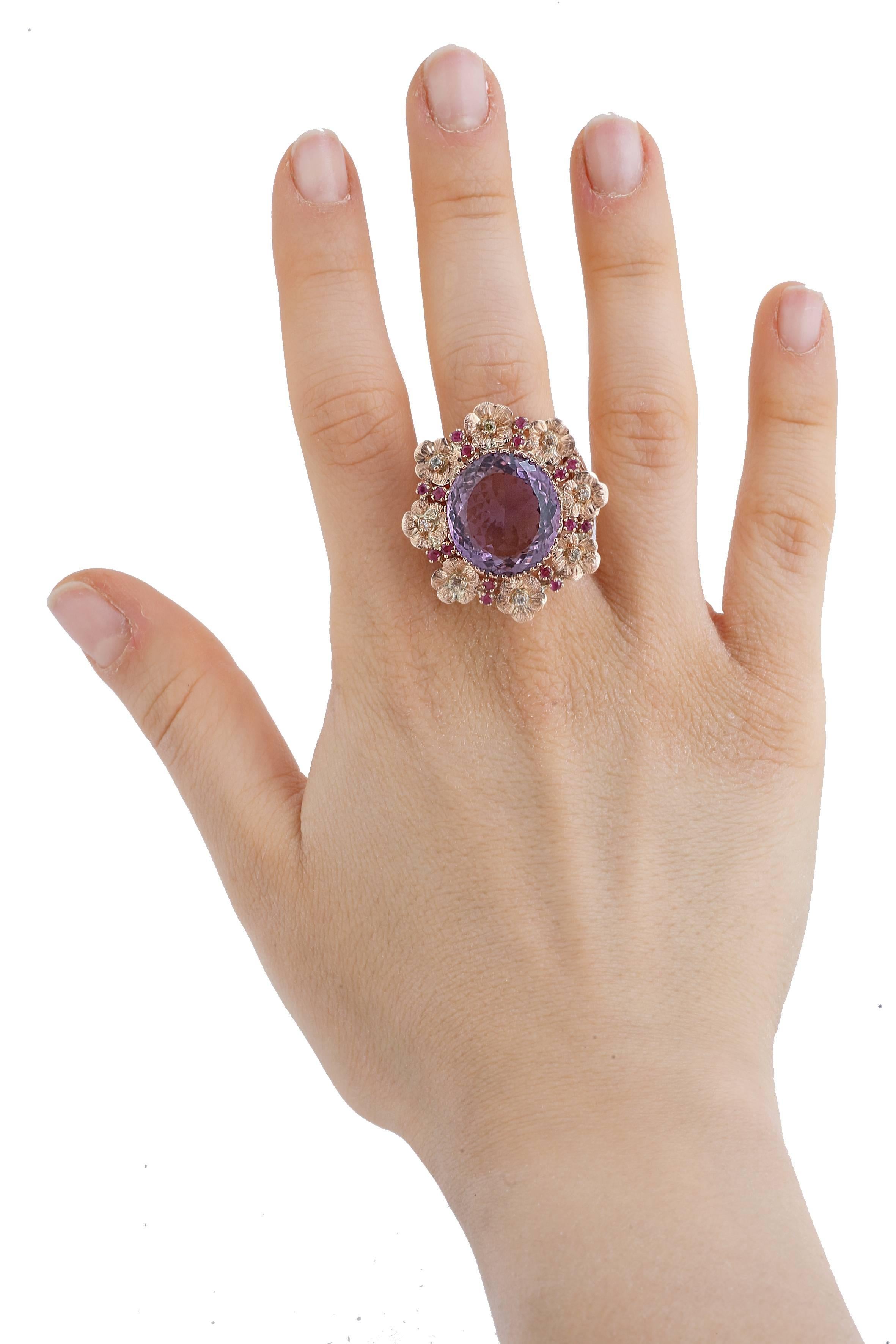 Women's Amethyste Rubies Diamonds Rose Gold Ring