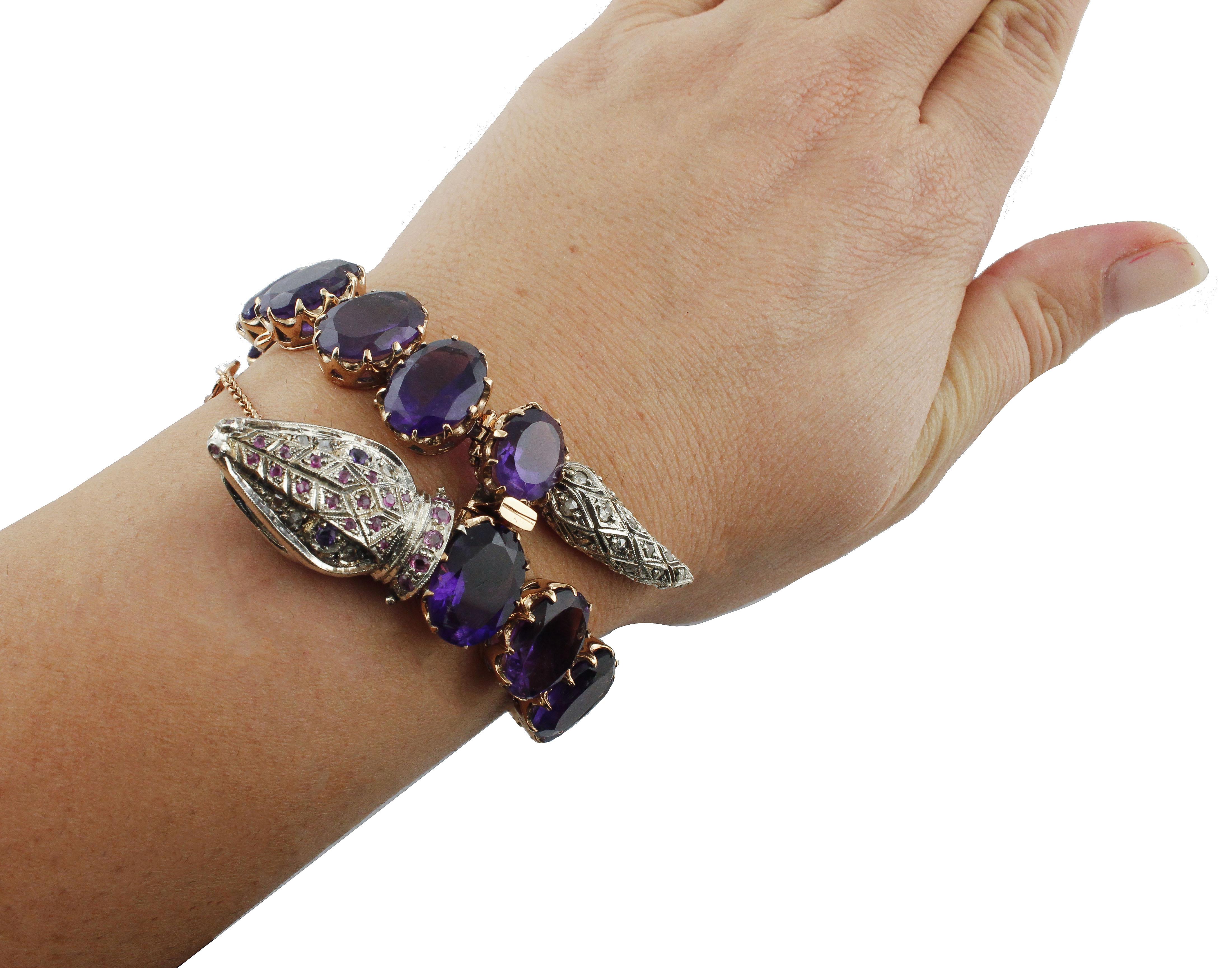 Amethystes Diamonds Sapphires Rose Gold and Silver Bracelet 2