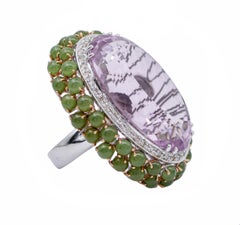 Amethyst, Jade, Diamonds, 14 Kt White and Rose Gold Ring