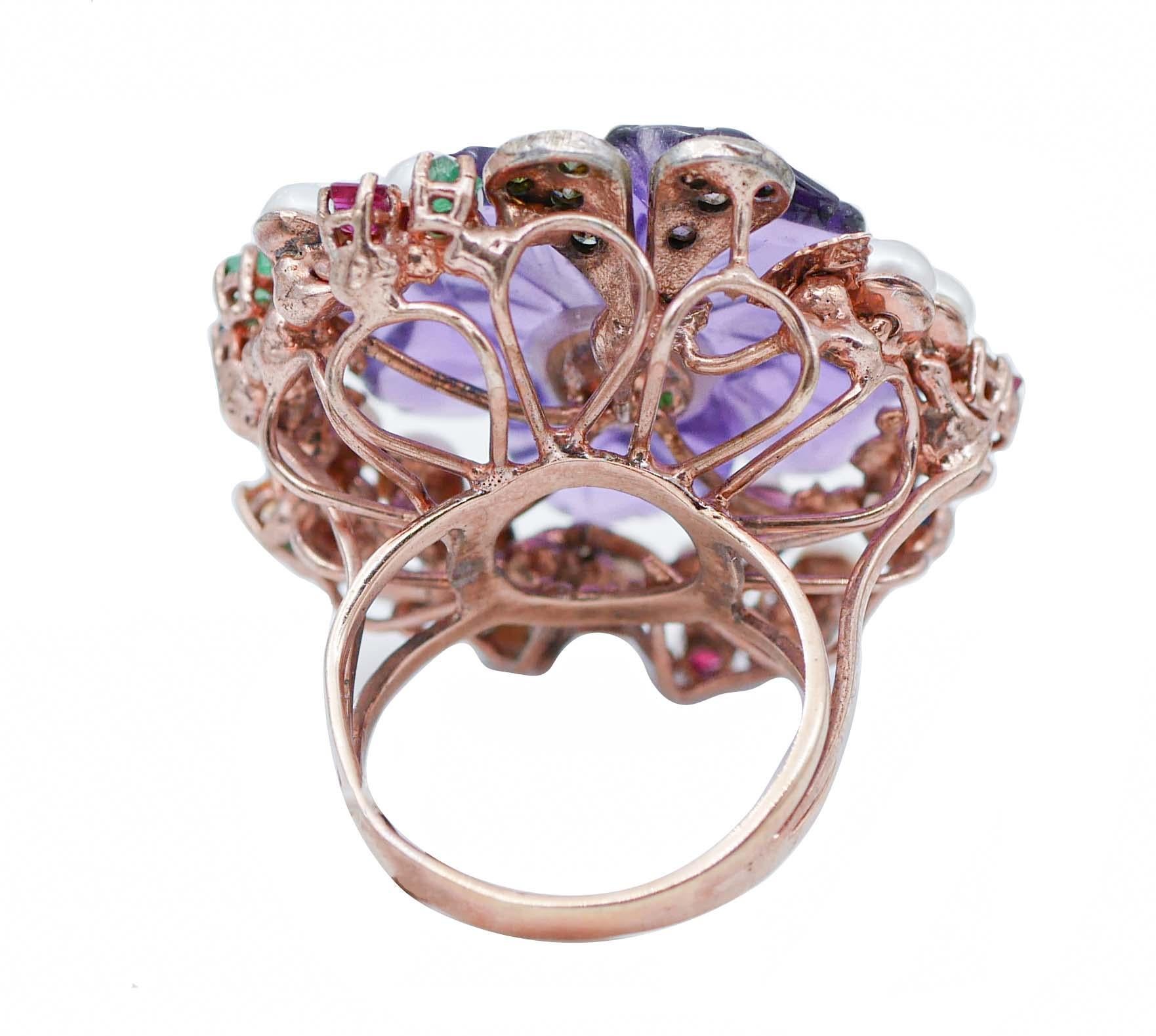 Retro Amethyst, Pearls, Rubies, Sapphires, Emeralds, Diamonds, Gold and Silver Ring For Sale