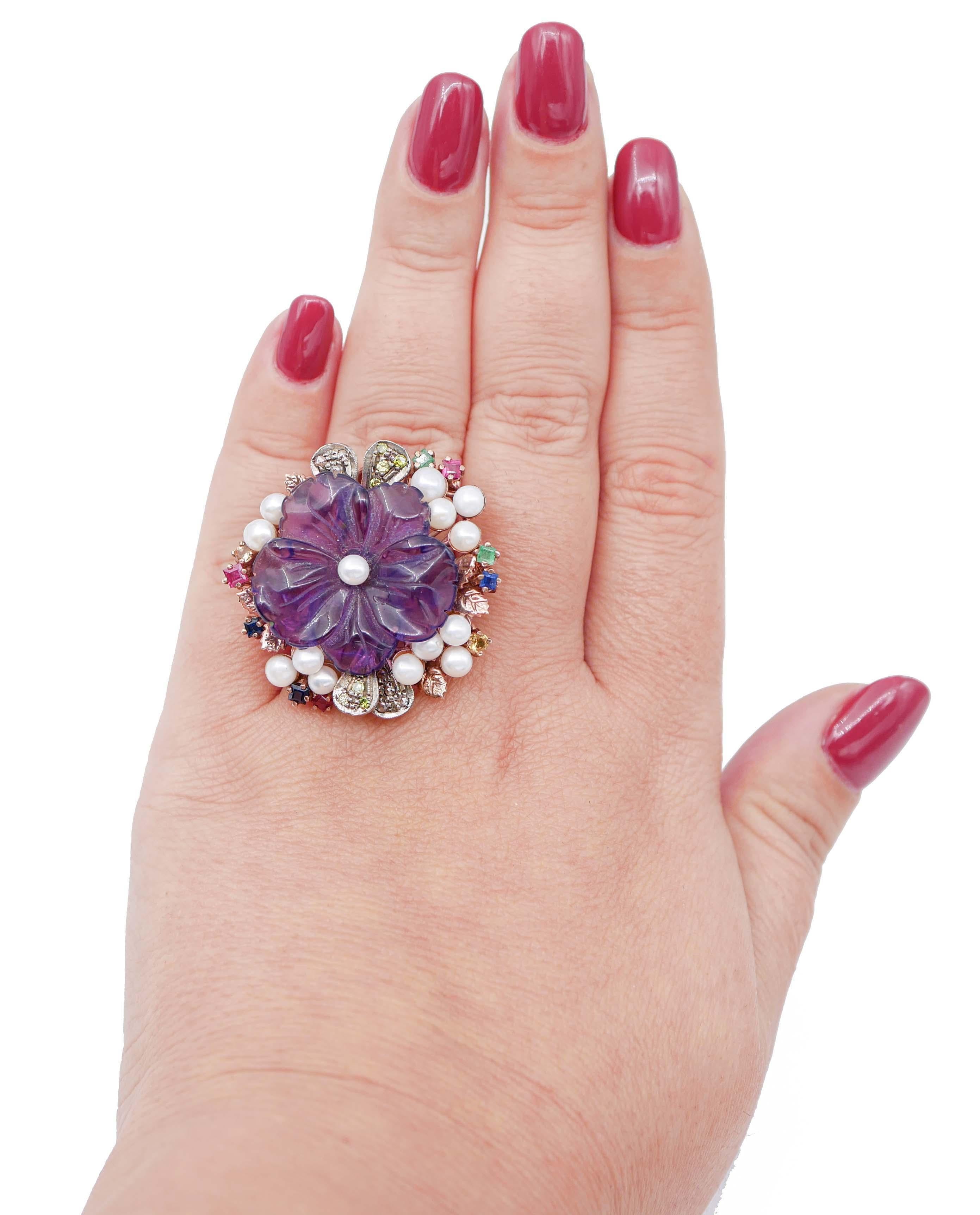 Mixed Cut Amethyst, Pearls, Rubies, Sapphires, Emeralds, Diamonds, Gold and Silver Ring For Sale