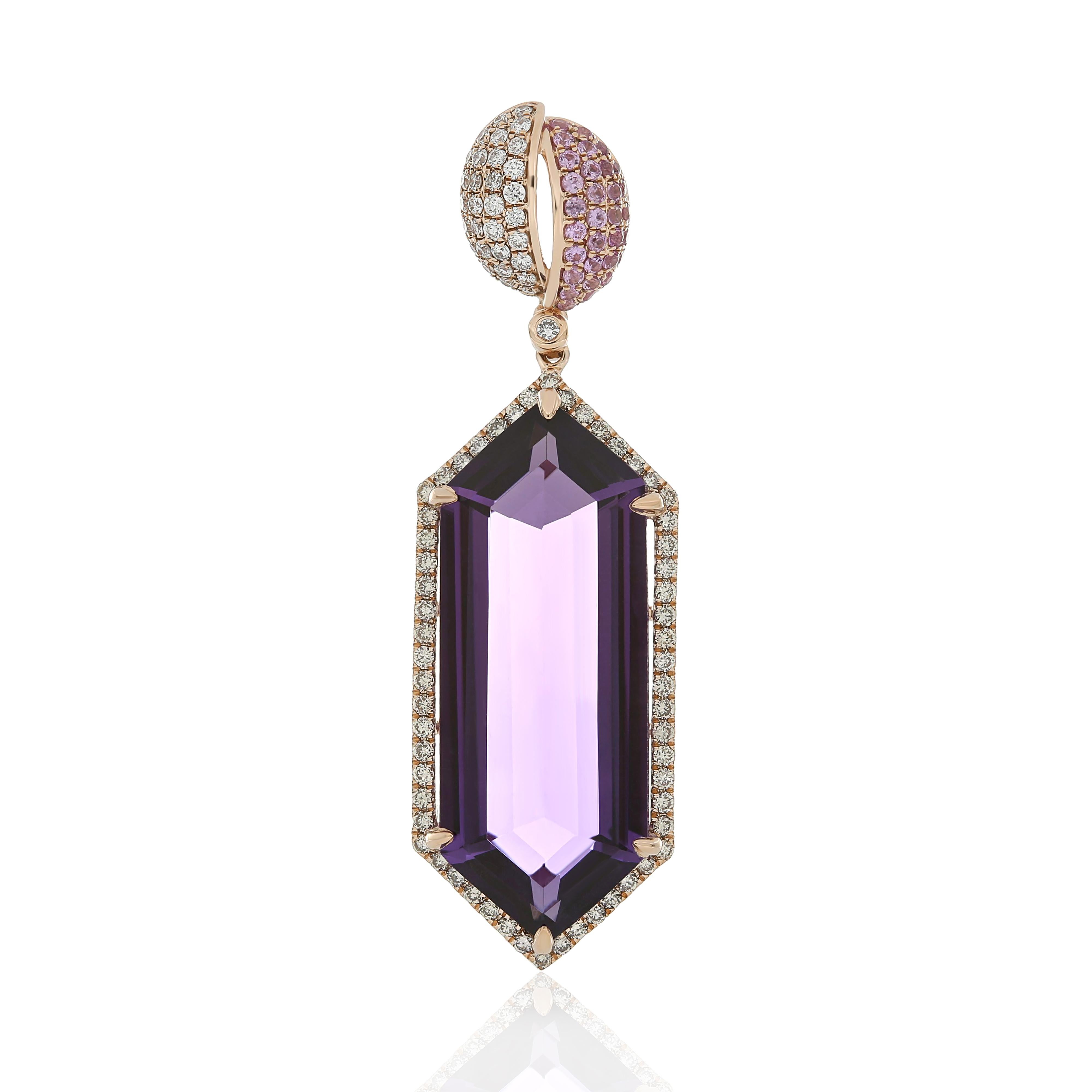 Elegant and exquisitely detailed 14 Karat Rose Gold Pendant, center set with 10.96Cts .Hexagon Shape Amethyst, Pink Sapphire with 0.18Cts and micro pave set Diamonds, weighing approx. 0.433Cts Beautifully Hand crafted in 14 Karat Rose Gold.

Stone