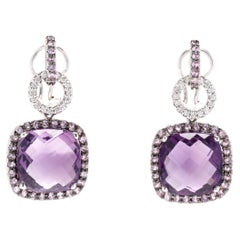Amethyst, Pink Sapphire, Diamond Dangle Earrings, 18K White Gold, Purple Amethyst