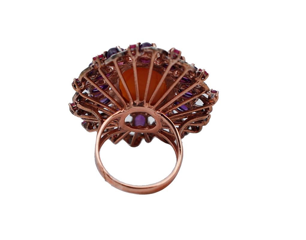 Retro Amethyst, Rubies, Diamonds, Cameo, 9 Karat Rose Gold and Silver Ring For Sale