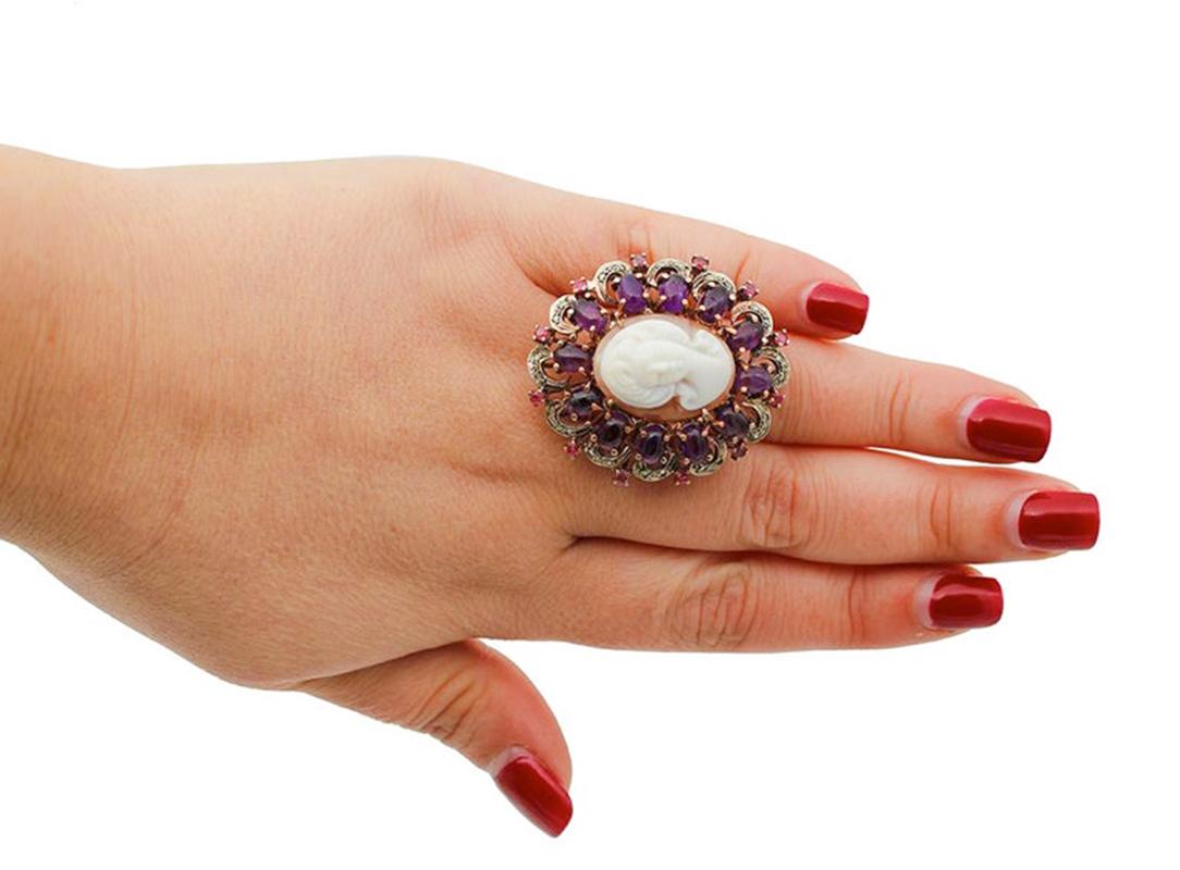 Mixed Cut Amethyst, Rubies, Diamonds, Cameo, 9 Karat Rose Gold and Silver Ring For Sale