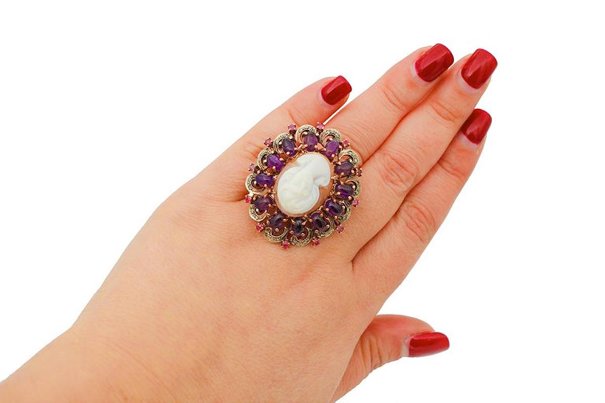 Amethyst, Rubies, Diamonds, Cameo, 9 Karat Rose Gold and Silver Ring In Good Condition For Sale In Marcianise, Marcianise (CE)