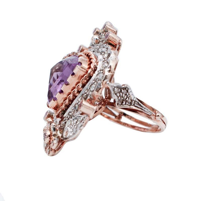 SHIPPING POLICY:
No additional costs will be added to this order.
Shipping costs will be totally covered by the seller (customs duties included).

Amazing retrò ring in 9 karat rose gold and silver structure mounted with a central amethyst