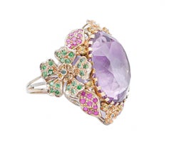 Amethyst, Rubies, Tsavorite, Yellow Sapphires, Diamonds, 14Kt Rose Gold Ring