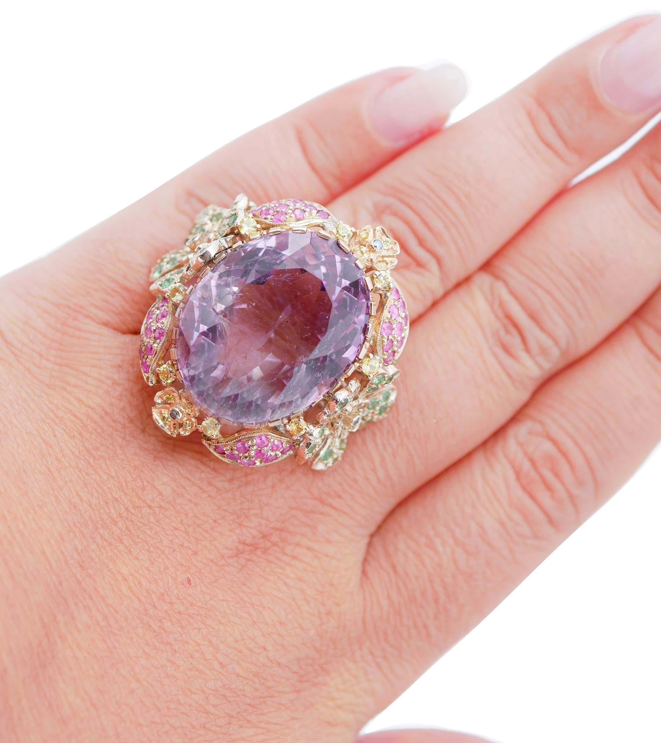 Amethyst, Rubies, Tsavorite, Yellow Sapphires, Diamonds, 14Kt Rose Gold Ring In Good Condition In Marcianise, Marcianise (CE)