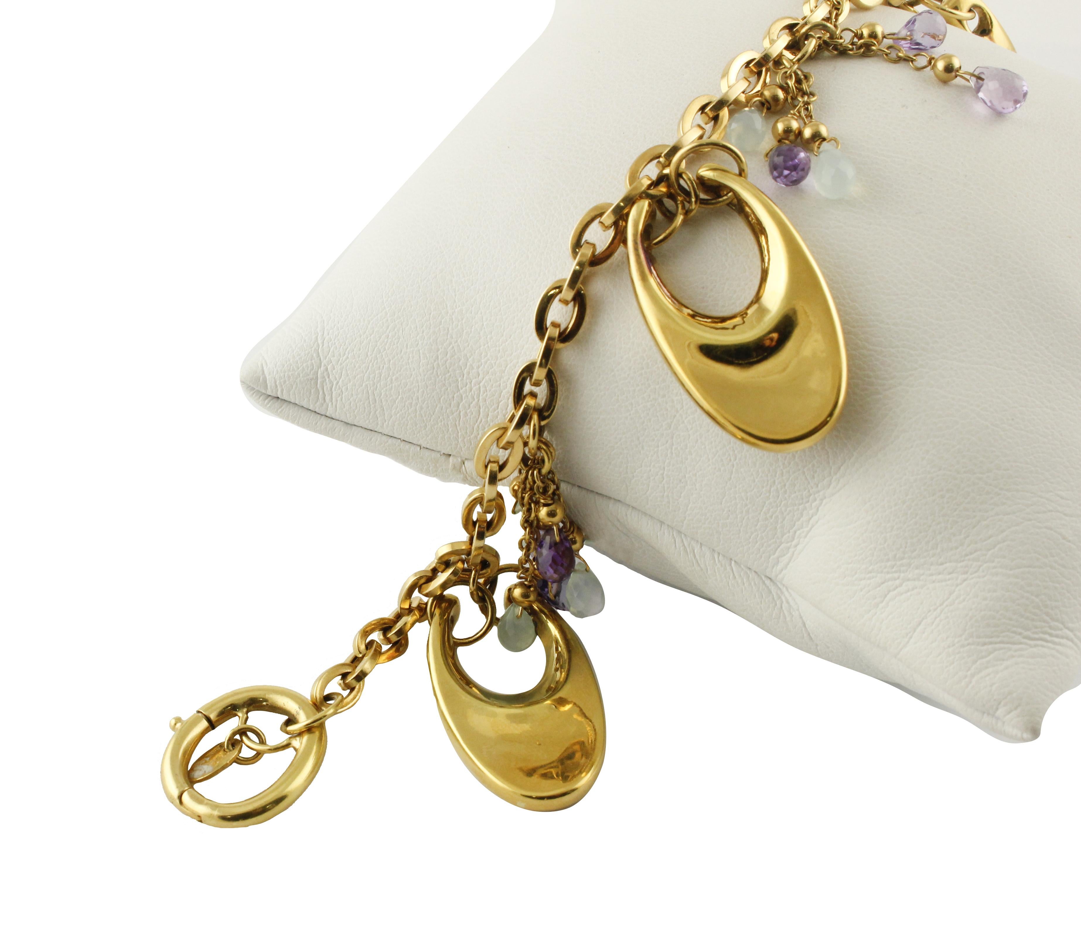 Modern Amethysts Chalcedony Yellow Gold Charm Bracelet For Sale