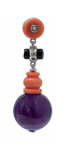 Amethysts, Coral, Onyx, Diamonds, Platinum Earrings.