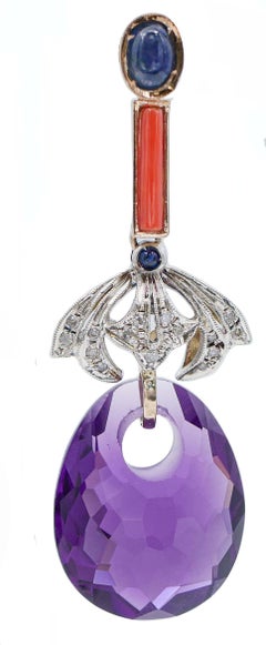 Amethysts, Coral, Sapphires, Diamonds, 14 Karat Rose Gold and Silver Earrings