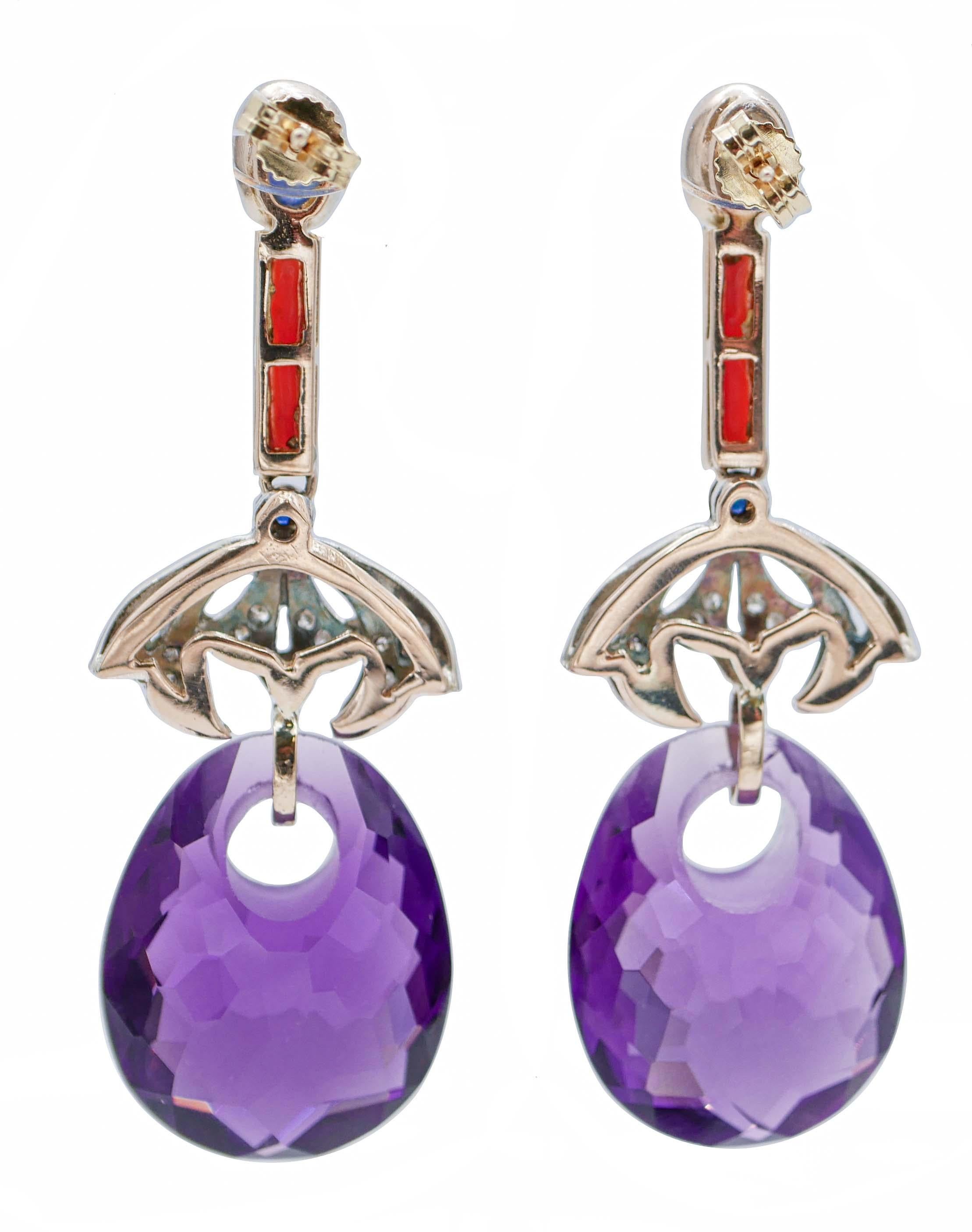 Retro Amethysts, Coral, Sapphires, Diamonds, 14 Karat Rose Gold and Silver Earrings For Sale