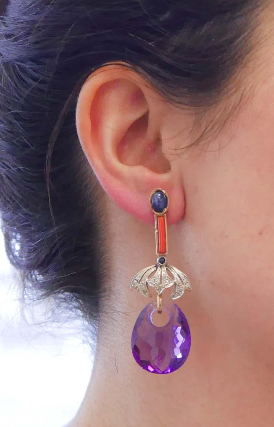 Amethysts, Coral, Sapphires, Diamonds, 14 Karat Rose Gold and Silver Earrings In Good Condition For Sale In Marcianise, Marcianise (CE)