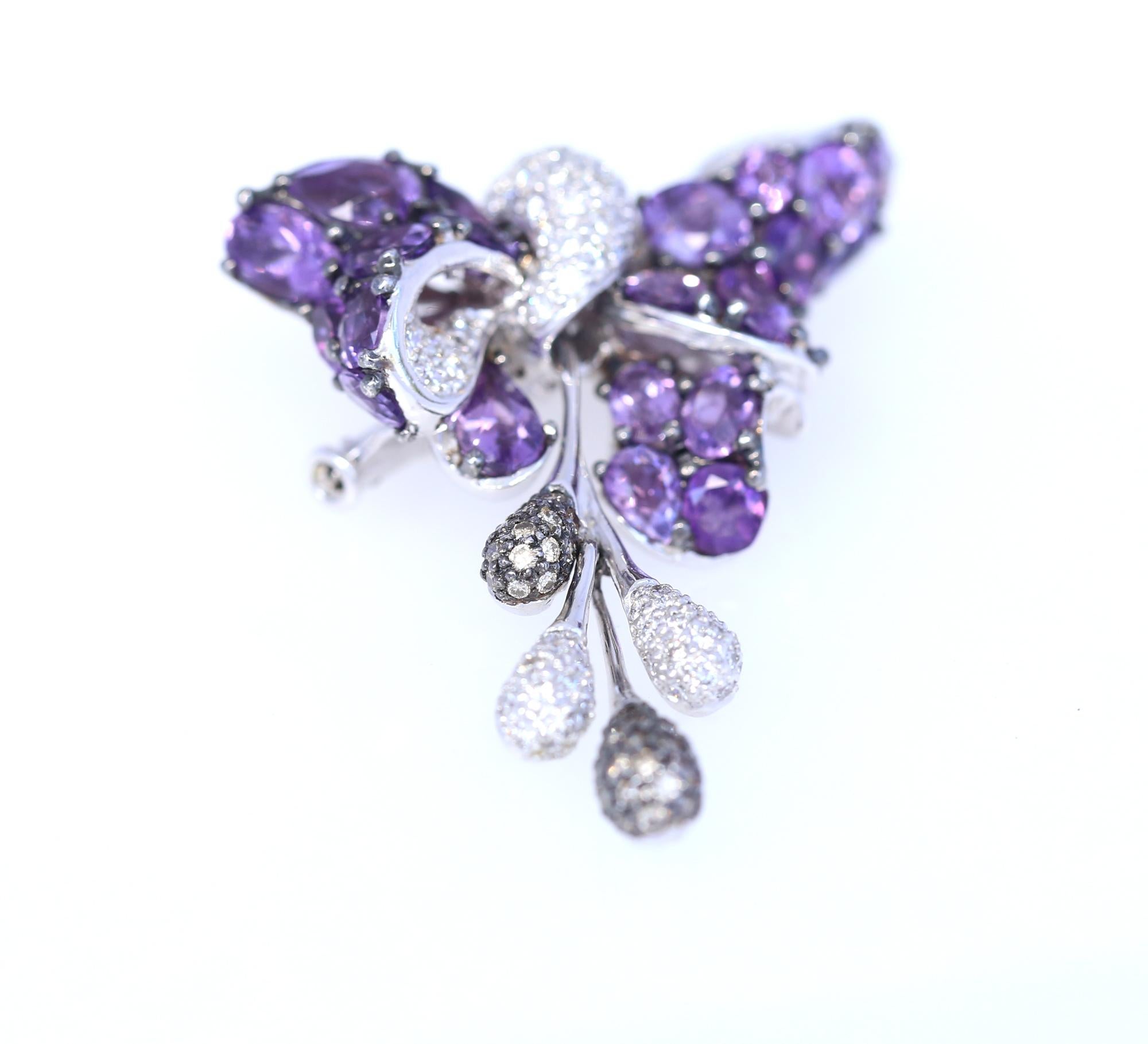 Pear Cut Amethysts Diamonds 18 Karat White Gold Bow Brooch, 2010