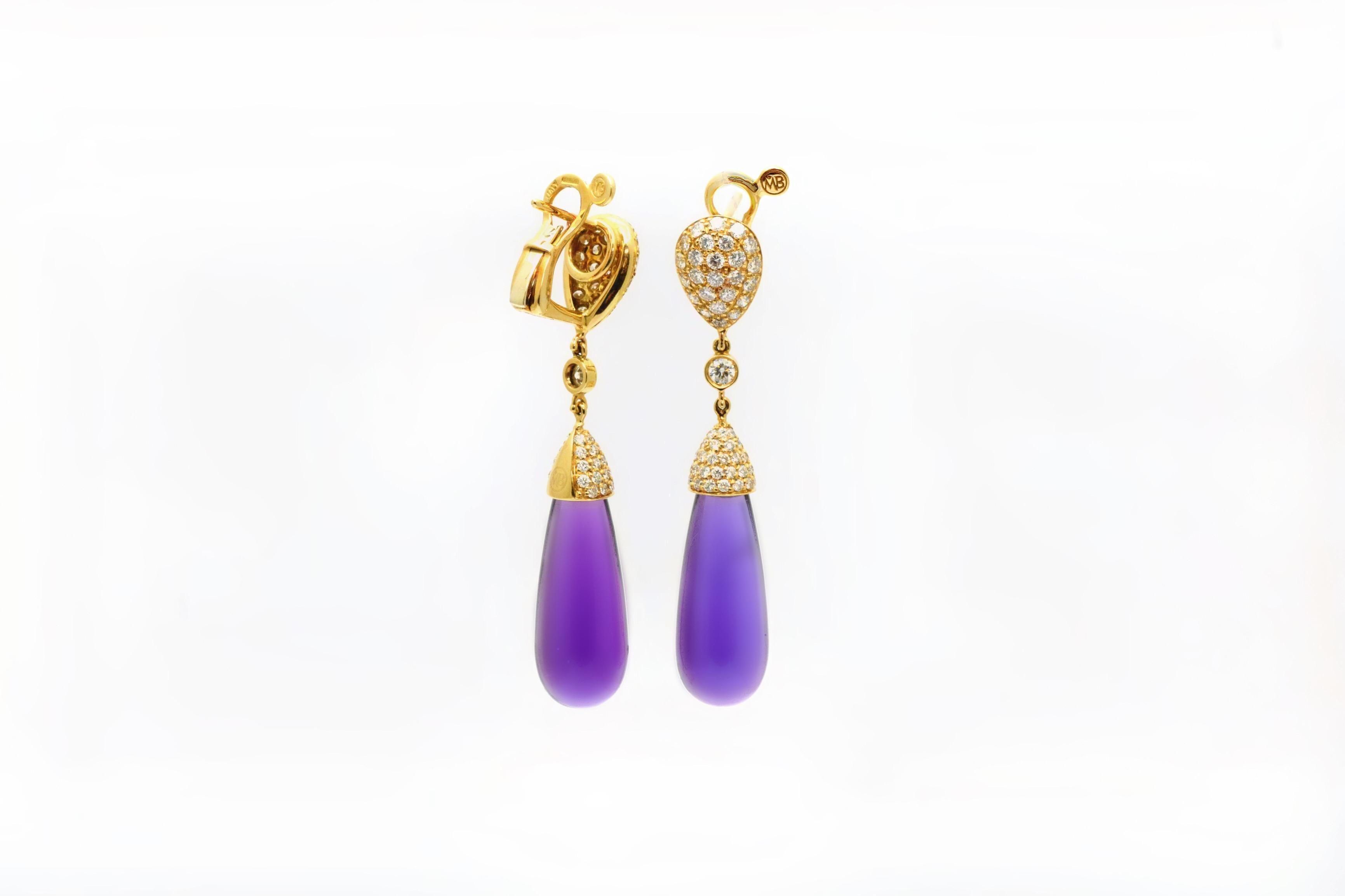 Amethysts Diamonds 18 Karat Yellow Gold Made in Italy Earrings In New Condition For Sale In Valenza , IT