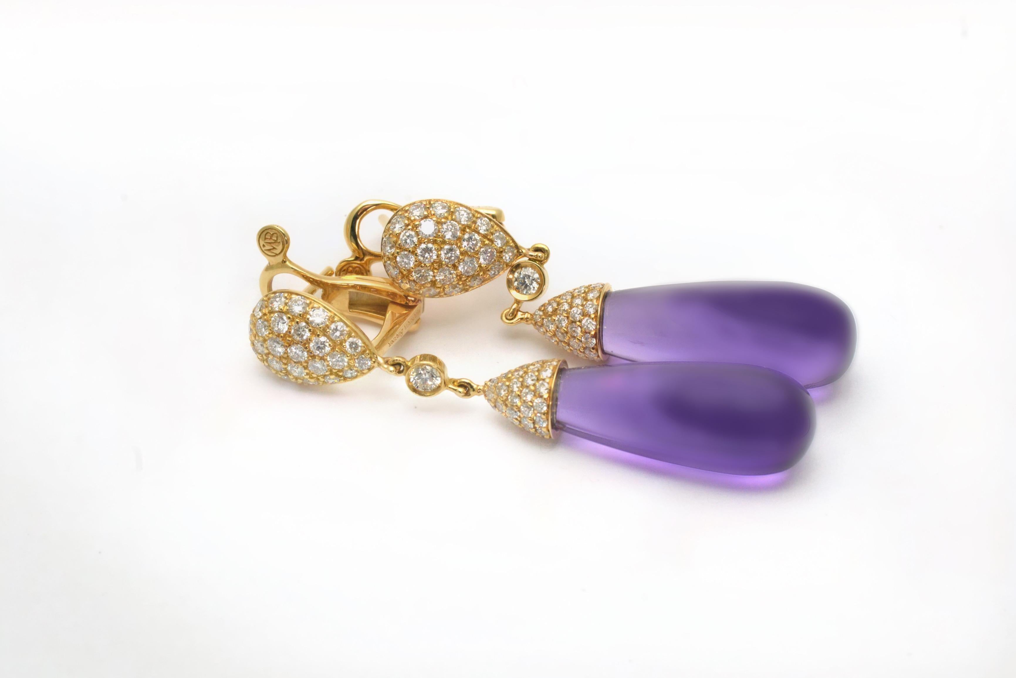 Women's Amethysts Diamonds 18 Karat Yellow Gold Made in Italy Earrings For Sale