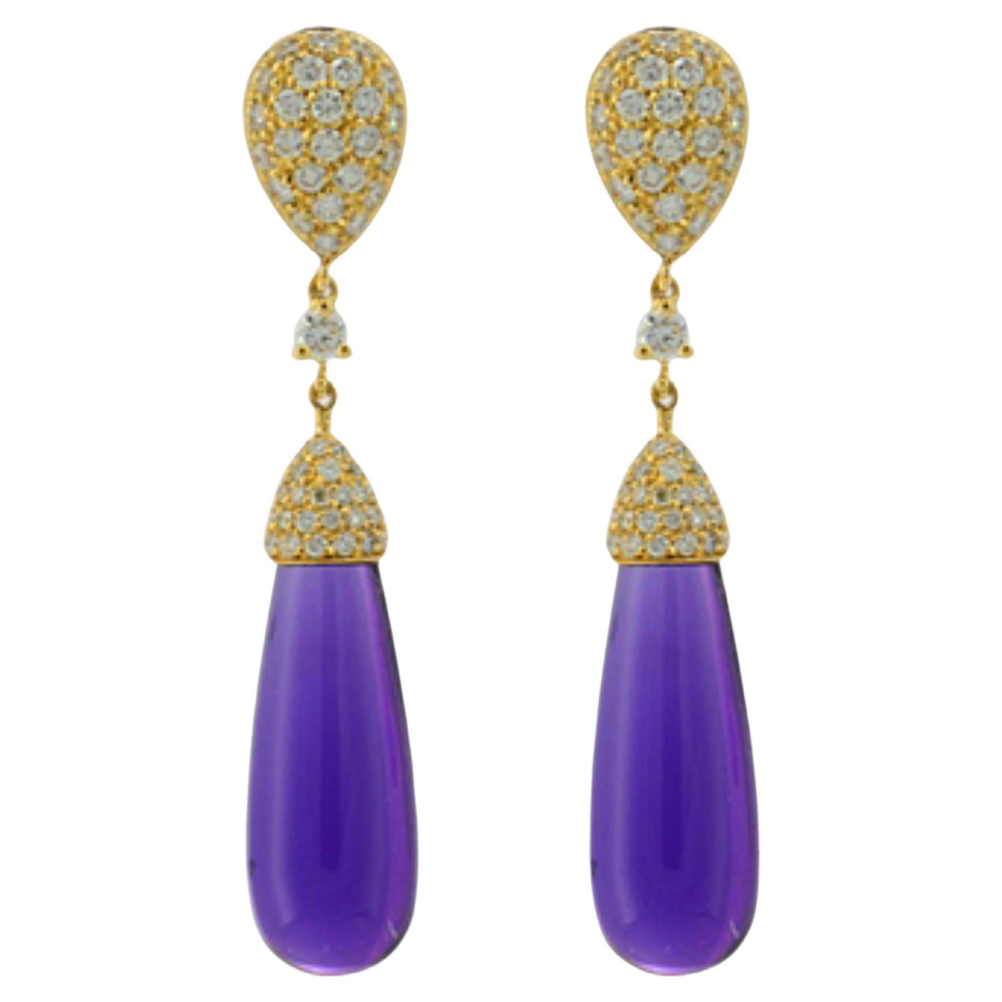 Amethysts Diamonds 18 Karat Yellow Gold Made in Italy Earrings For Sale