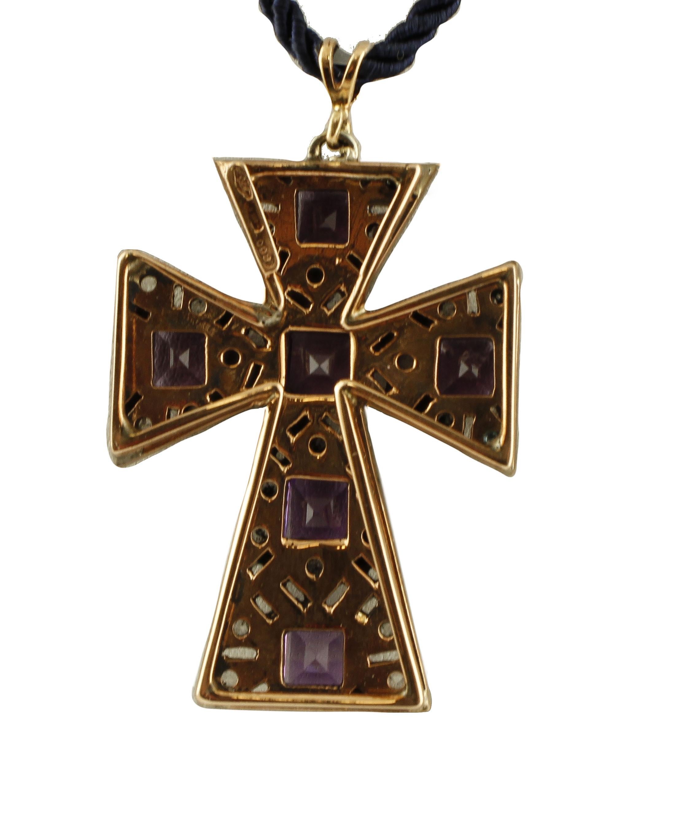 Retro Amethysts, Diamonds, 9 Karat Rose Gold and Silver Cross Pendant