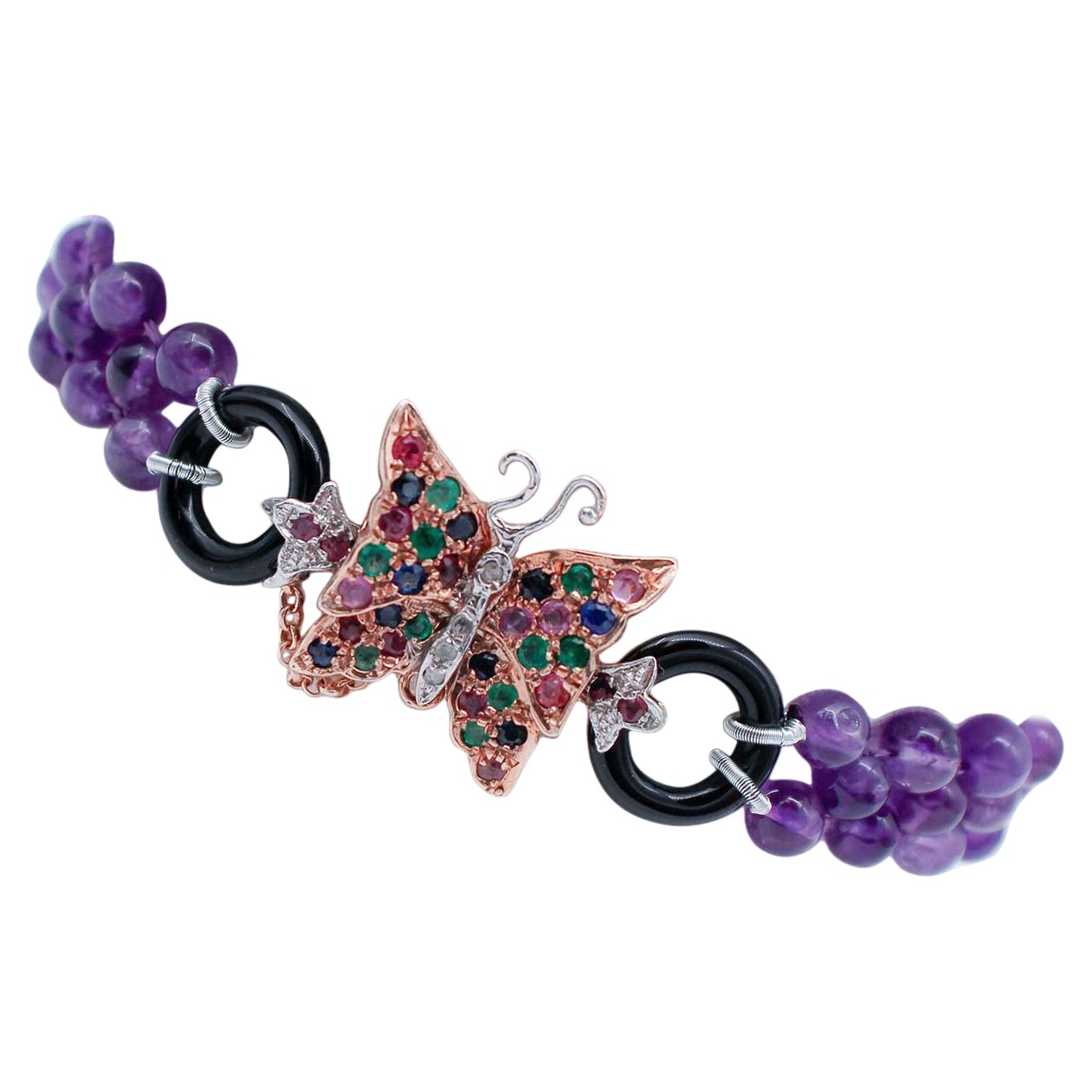 Amethysts, Diamonds, Emeralds, Rubies, Sapphires, Onyx, 9Kt Gold and Silver Bracelet
