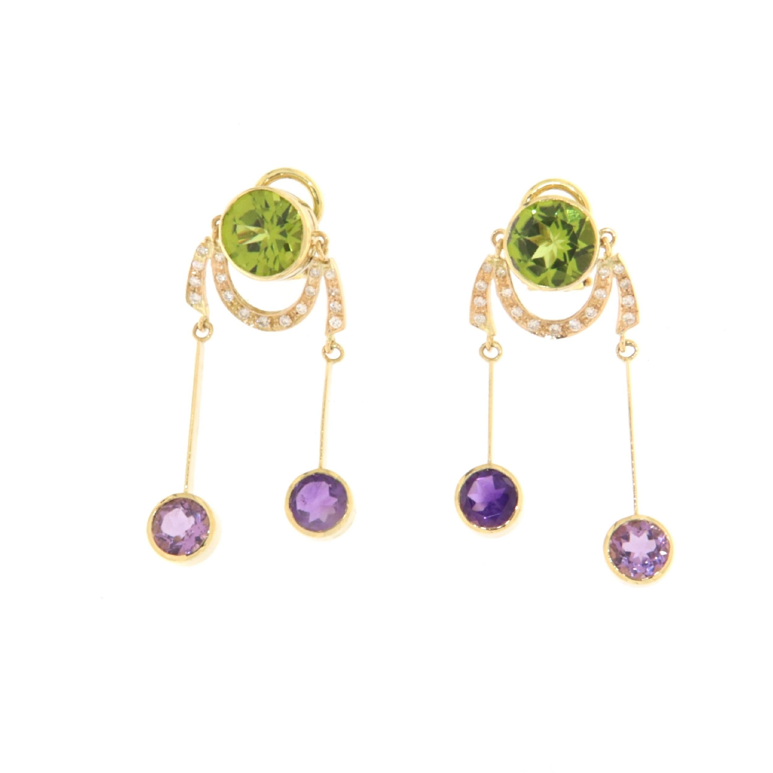Artisan Amethysts Diamonds Green Peridot 18 Karat Yellow Gold Drop Earrings For Sale