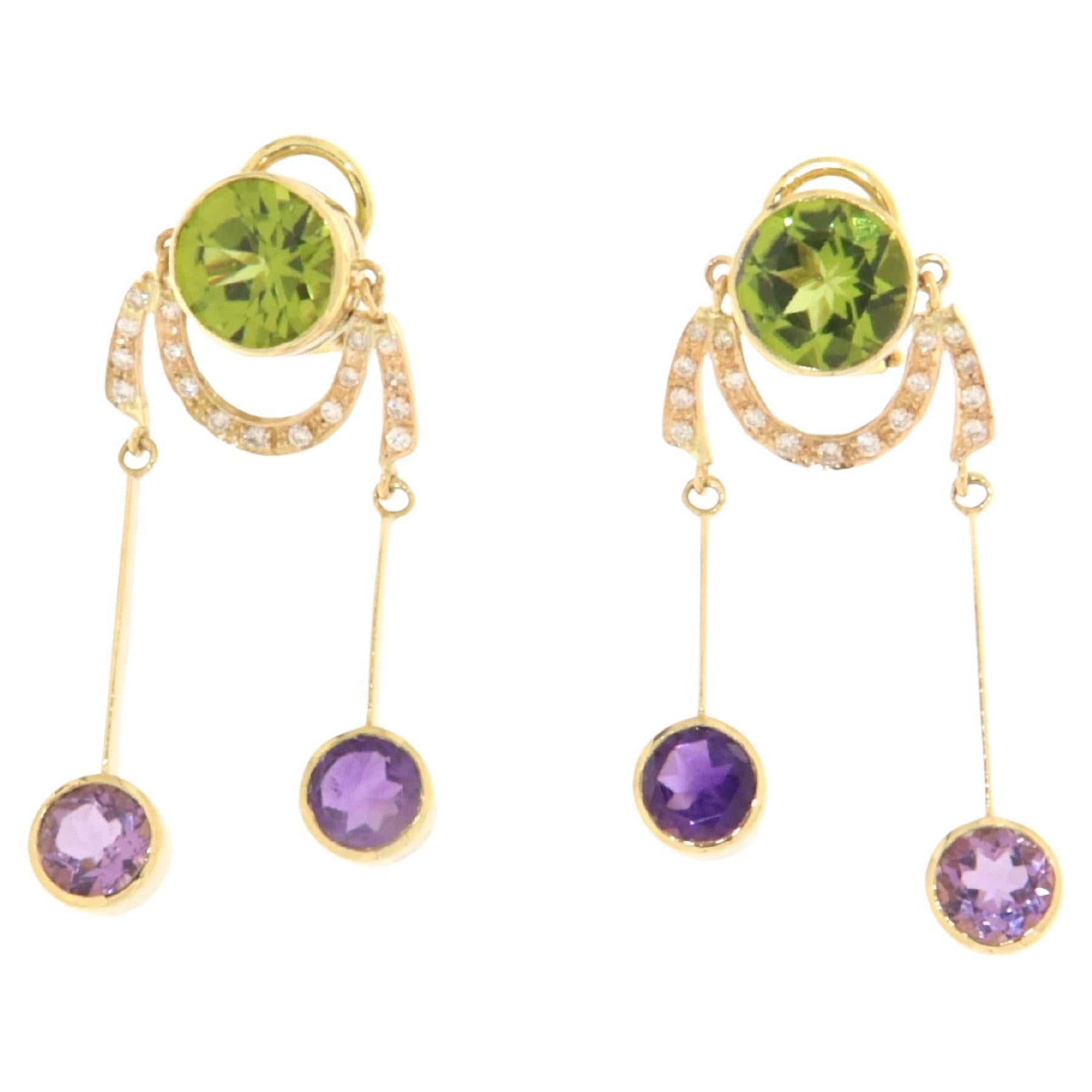 Amethysts Diamonds Green Peridot 18 Karat Yellow Gold Drop Earrings For Sale