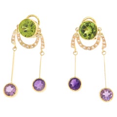 Amethysts Diamonds Green Peridot 18 Karat Yellow Gold Drop Earrings