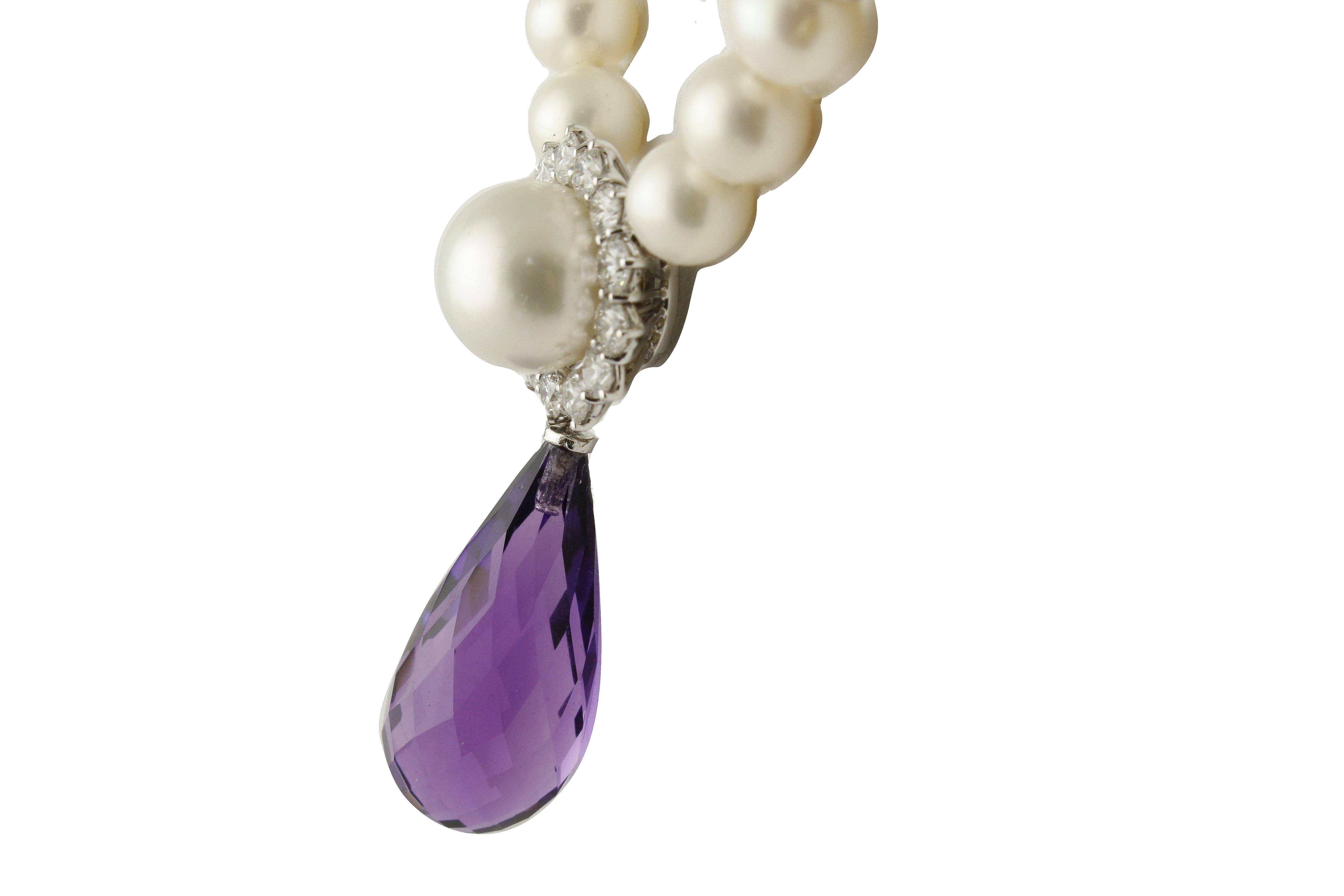 Amethysts Diamonds Pearl Gold Necklace In Good Condition In Marcianise, Marcianise (CE)