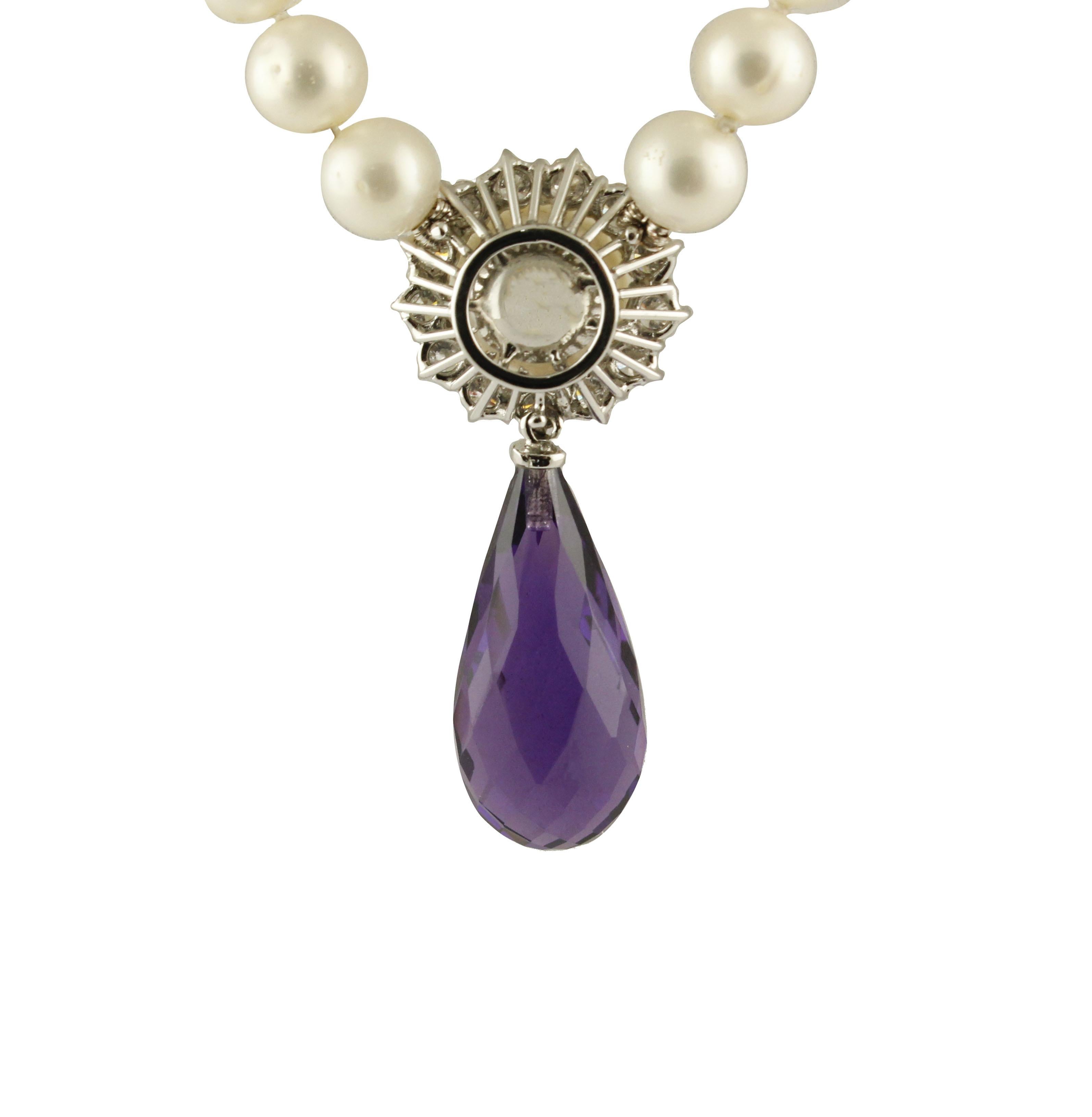 Women's Amethysts Diamonds Pearl Gold Necklace