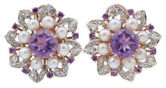 Amethysts, Diamonds, Pearls, Rose Gold and Silver Earrings