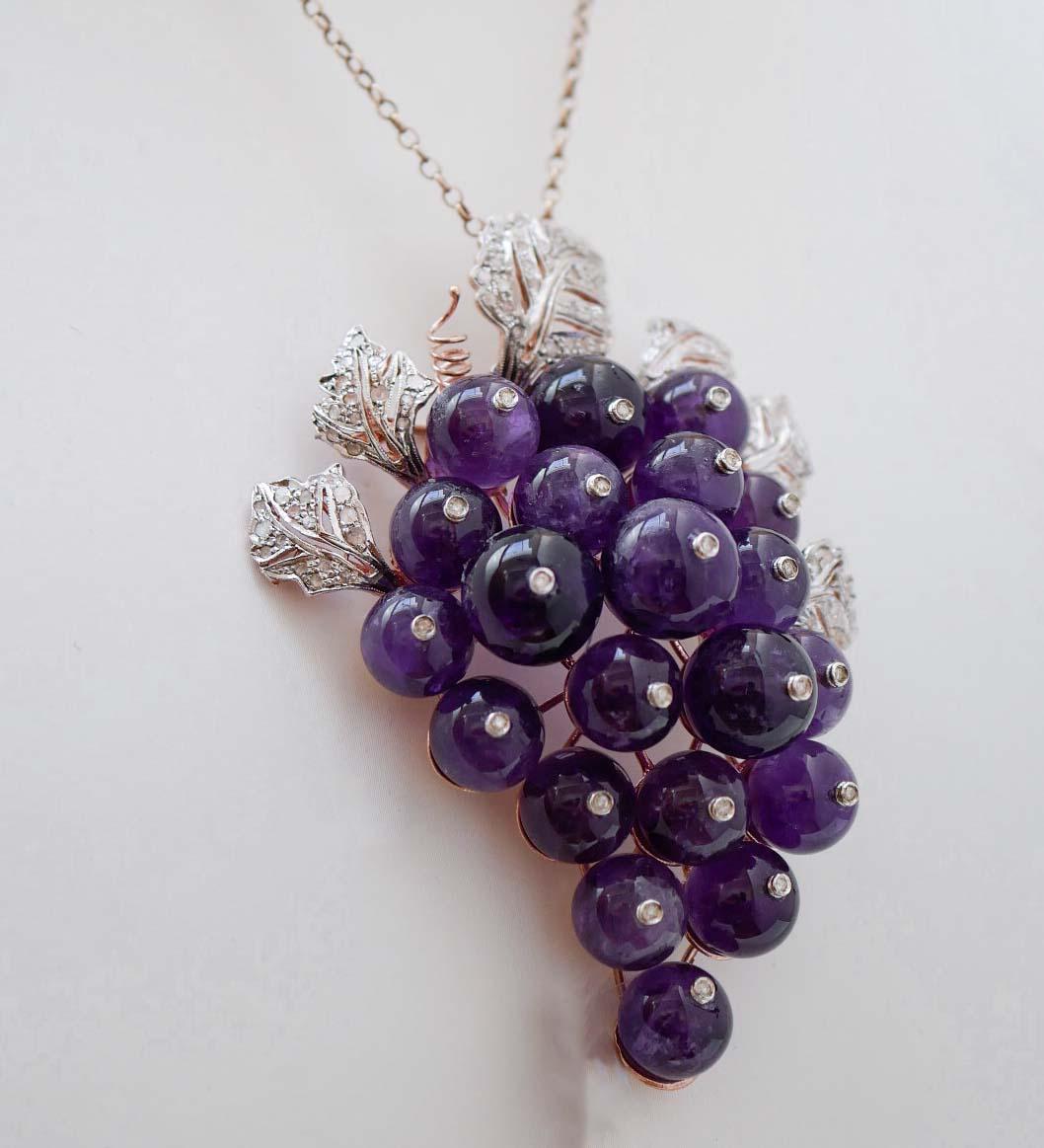 Rétro Améthystes, diamants, broche en or rose et argent. en vente