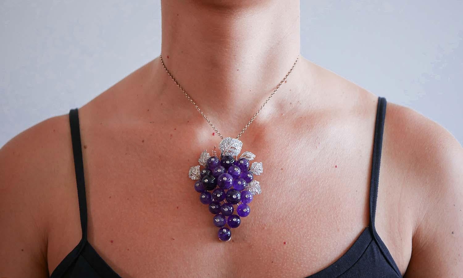 Améthystes, diamants, broche en or rose et argent. Bon état - En vente à Marcianise, Marcianise (CE)