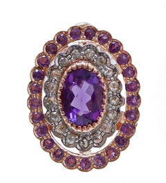 Amethysts, Diamonds, Rose Gold and Silver Earrings.