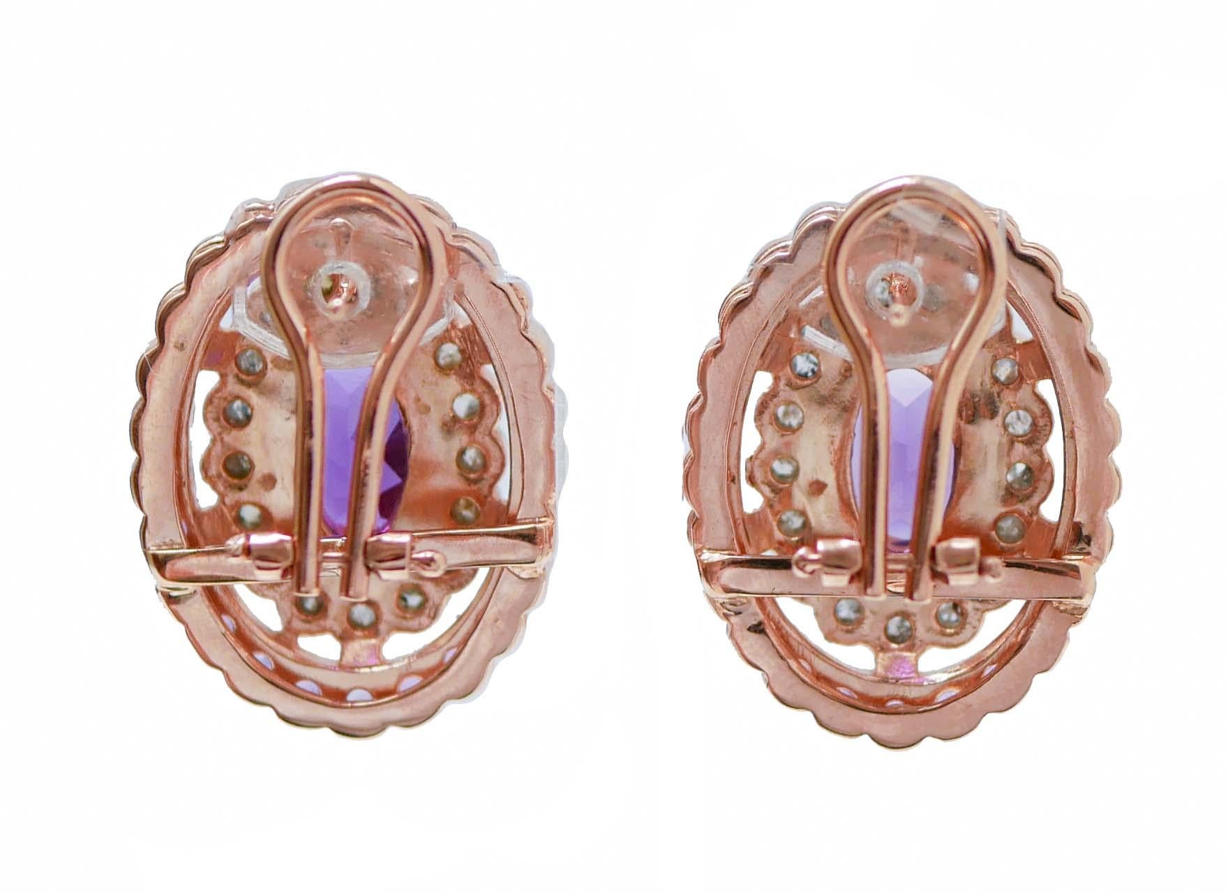 Retro Amethysts, Diamonds, Rose Gold and Silver Earrings. For Sale