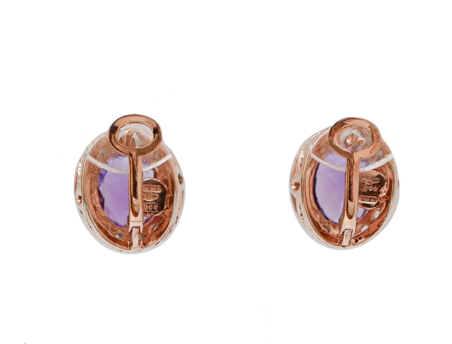 Retro Amethysts, Diamonds, Rose Gold and Silver Earrings.