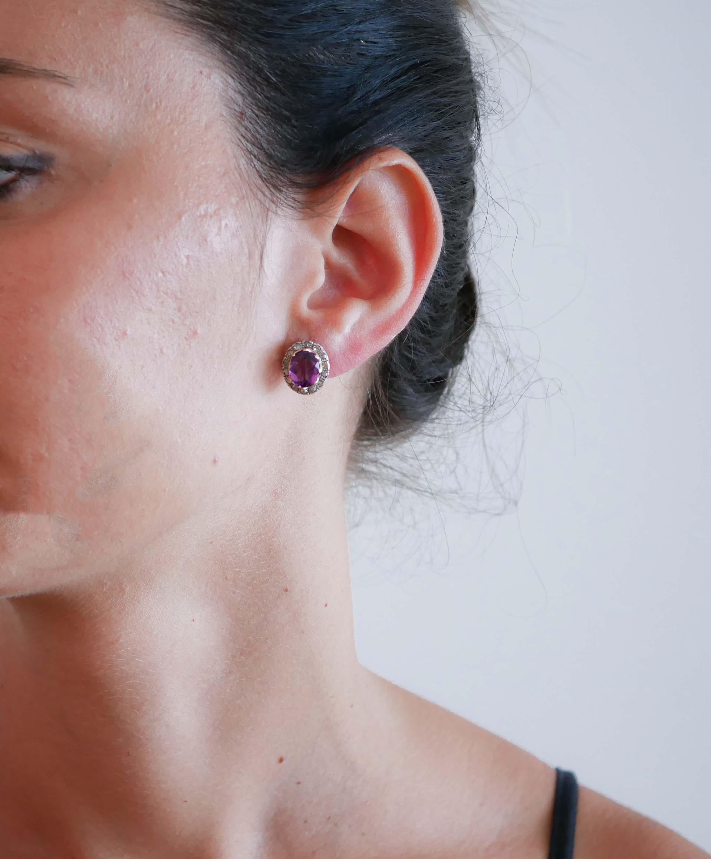 Mixed Cut Amethysts, Diamonds, Rose Gold and Silver Earrings.