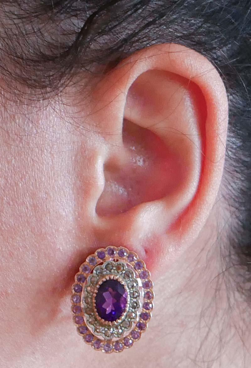 Amethysts, Diamonds, Rose Gold and Silver Earrings. In Good Condition For Sale In Marcianise, Marcianise (CE)