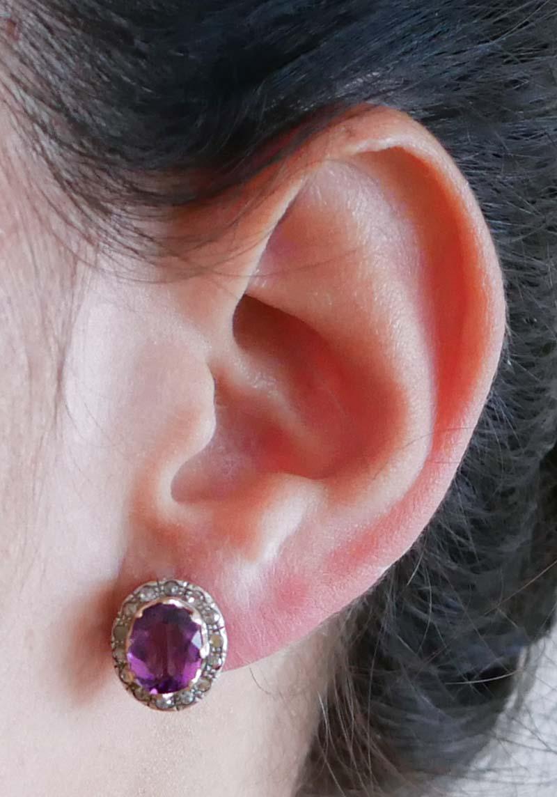 Amethysts, Diamonds, Rose Gold and Silver Earrings. In Good Condition In Marcianise, Marcianise (CE)