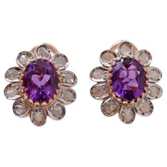 Amethysts, Diamonds, Rose Gold and Silver Earrings.