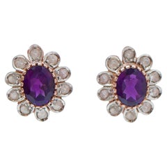Amethysts, Diamonds, Rose Gold and Silver Earrings.