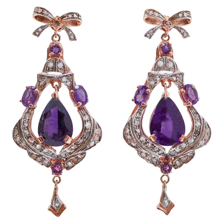 Orecchini con ametiste, diamanti, oro rosa e argento.