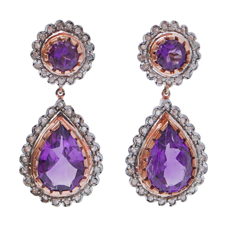 Pendientes de amatistas, diamantes, oro rosa y plata.