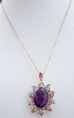 Collier à pendentifs en améthystes, diamants, or rose et argent.