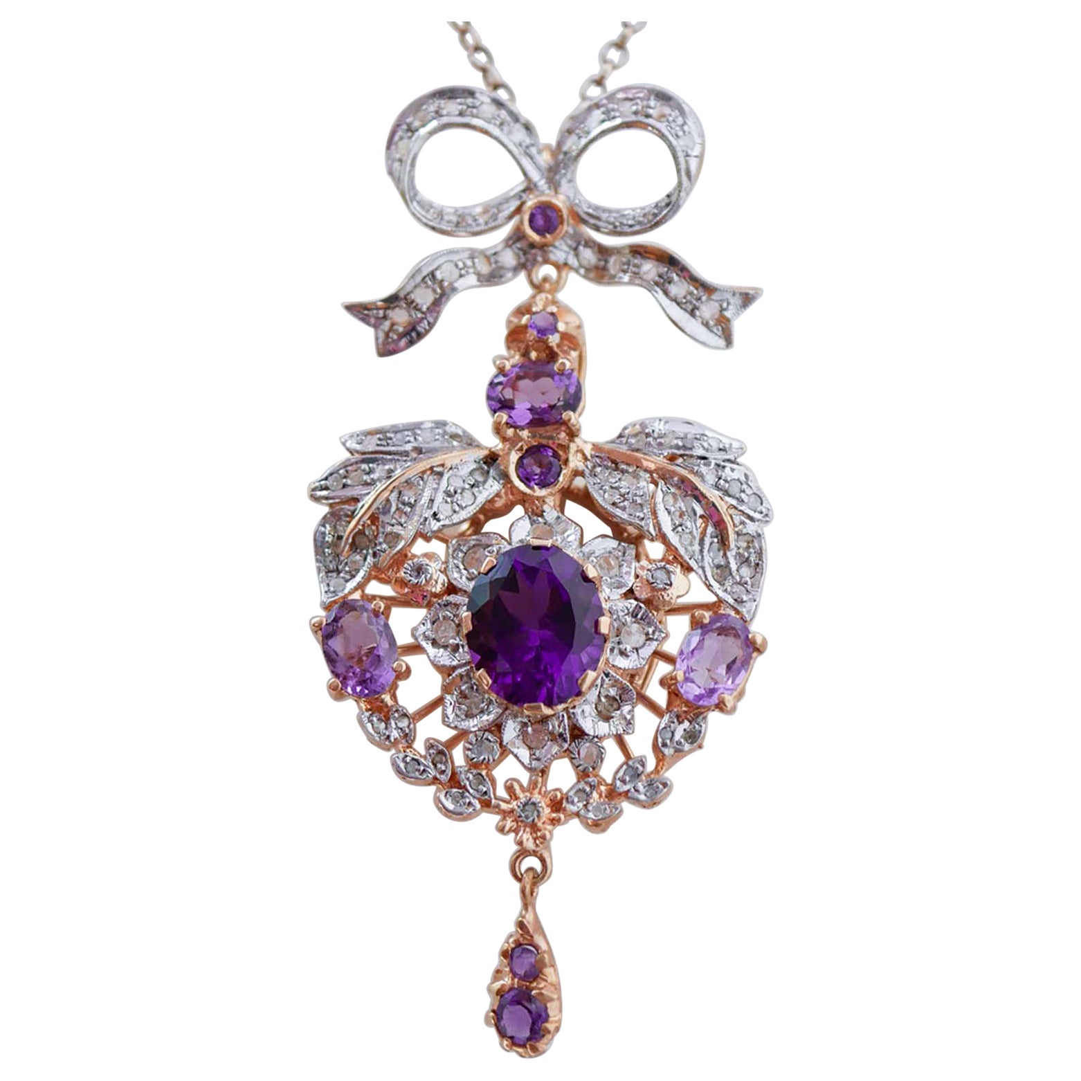 Collana con ametiste, diamanti, oro rosa e argento. in vendita