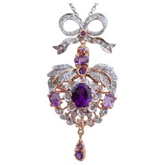 Amethysts, Diamonds, Rose Gold and Silver Pendant Necklace.