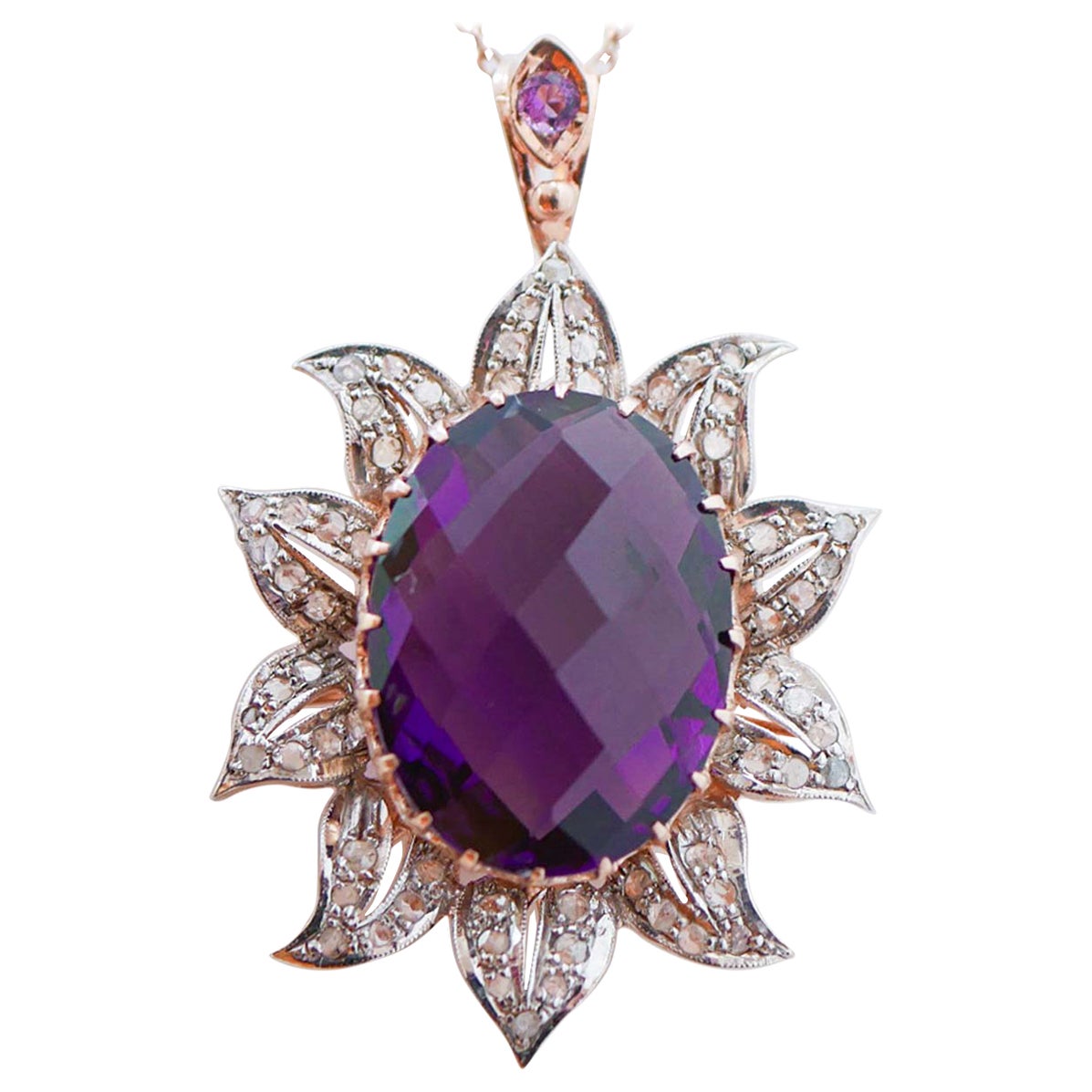 Amethysts, Diamonds, Rose Gold and Silver Pendant Necklace.