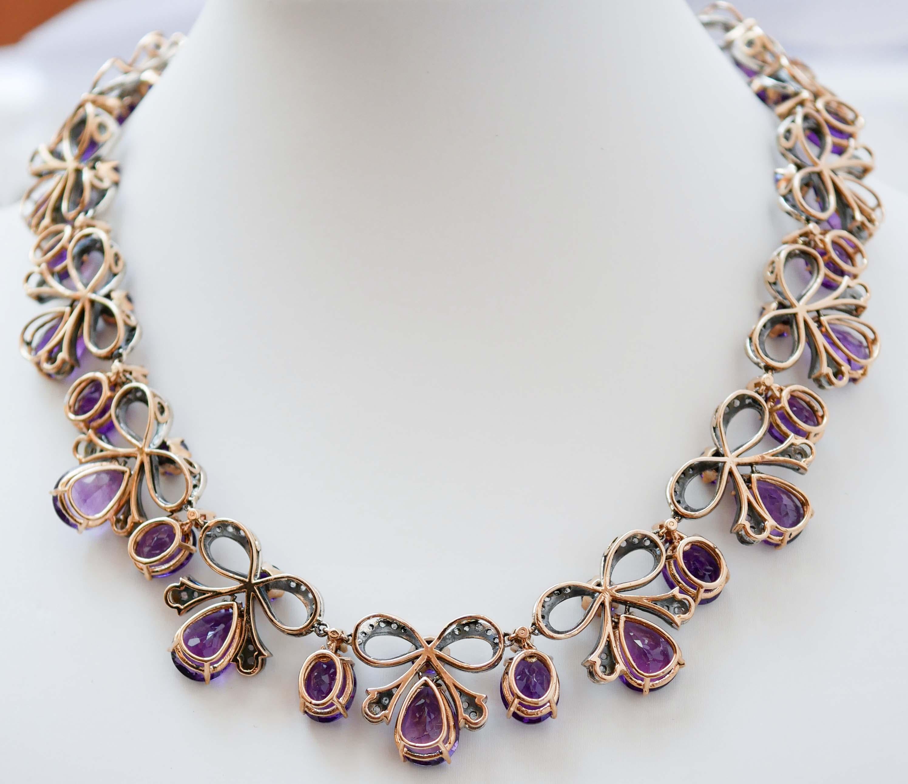 Retro Amethysts, Diamonds, Rose Gold and Silver Retrò Necklace. For Sale