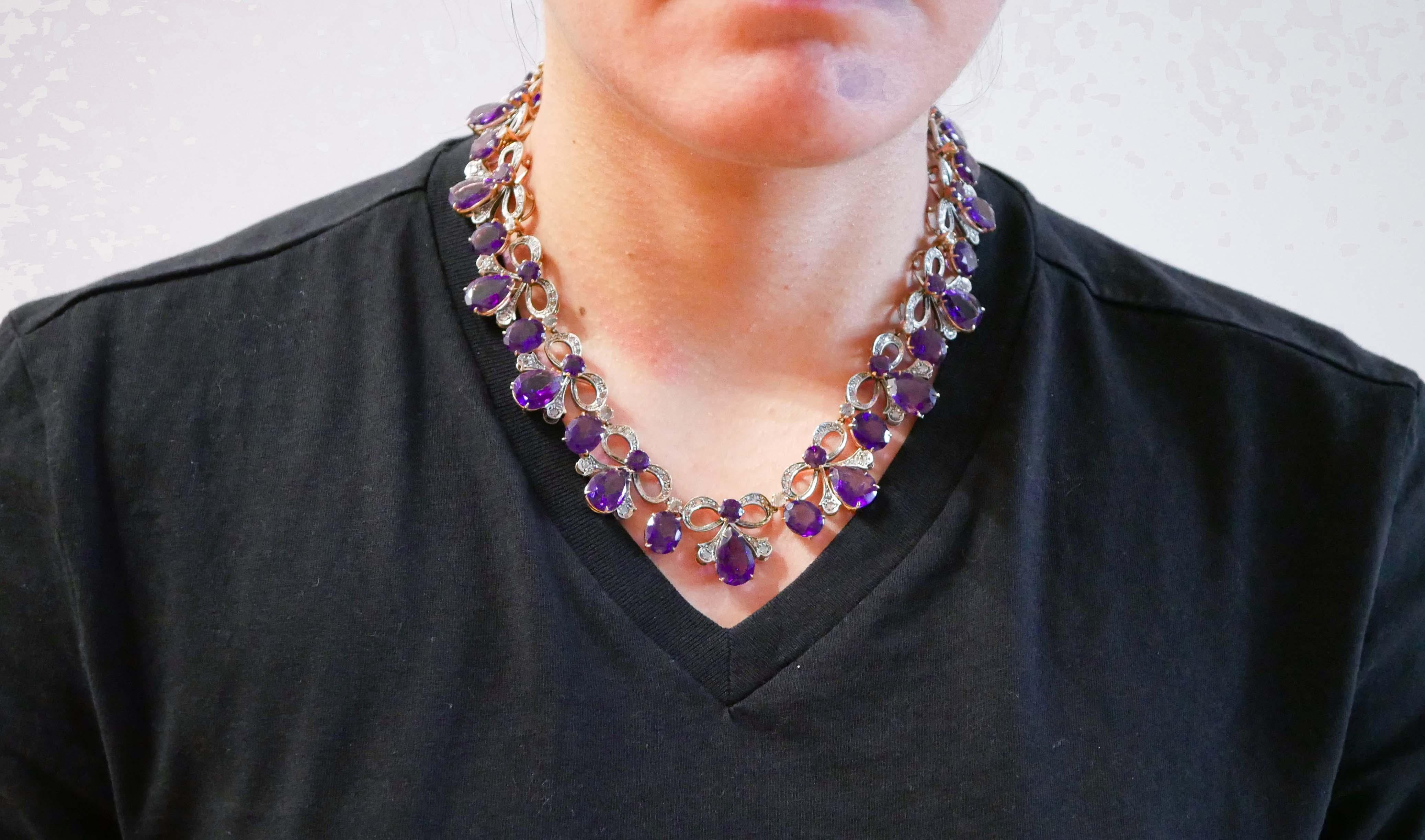 Mixed Cut Amethysts, Diamonds, Rose Gold and Silver Retrò Necklace. For Sale