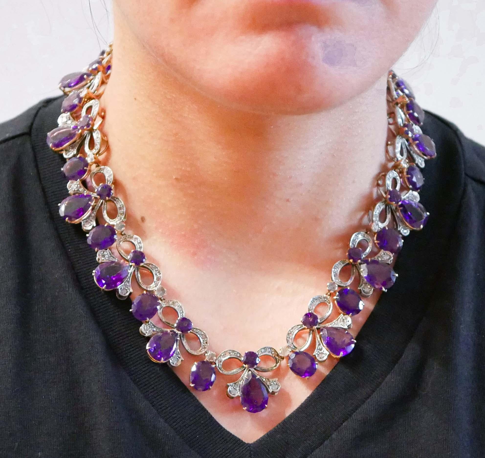 Amethysts, Diamonds, Rose Gold and Silver Retrò Necklace. In Good Condition For Sale In Marcianise, Marcianise (CE)
