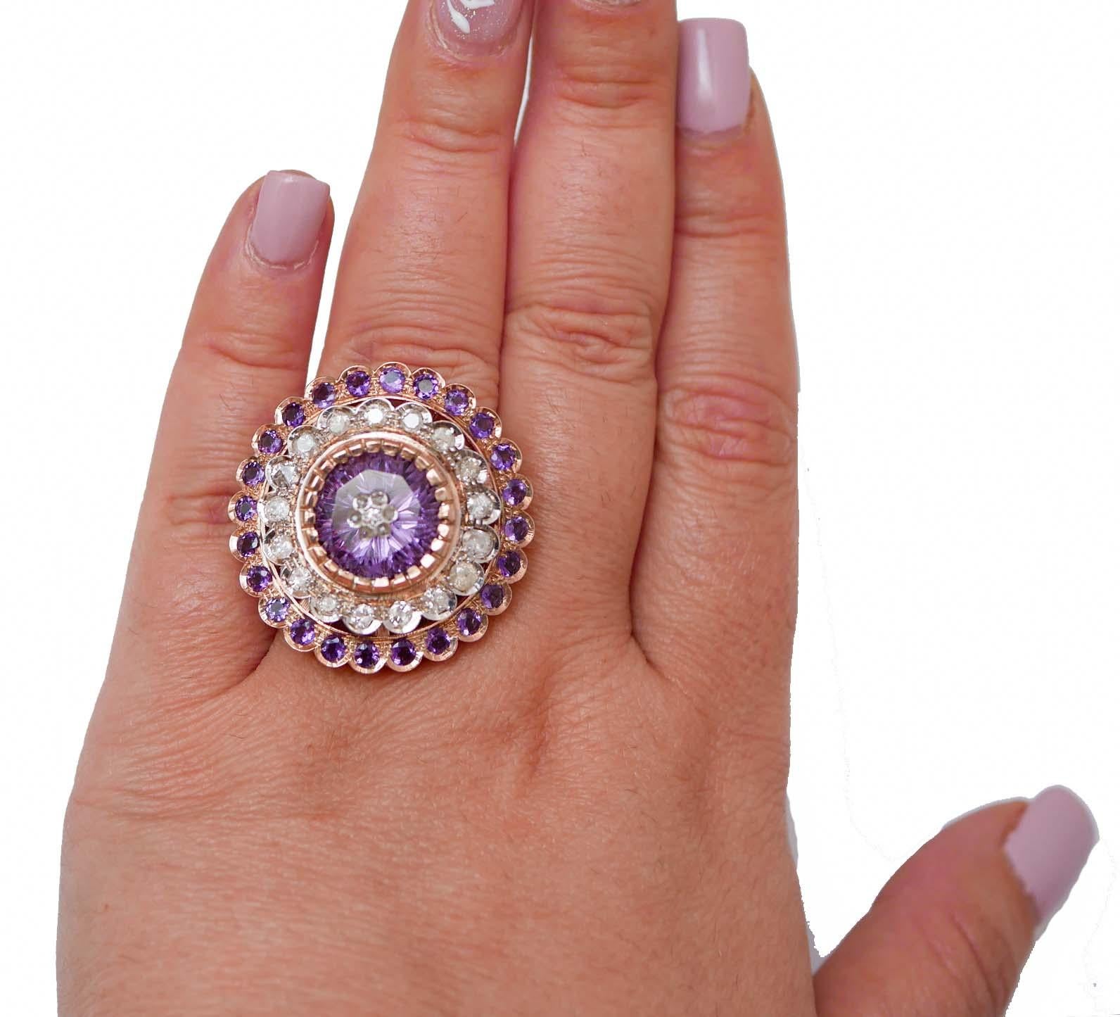 Amethysts, Diamonds, Rose Gold and Silver Ring. (Gemischter Schliff) im Angebot
